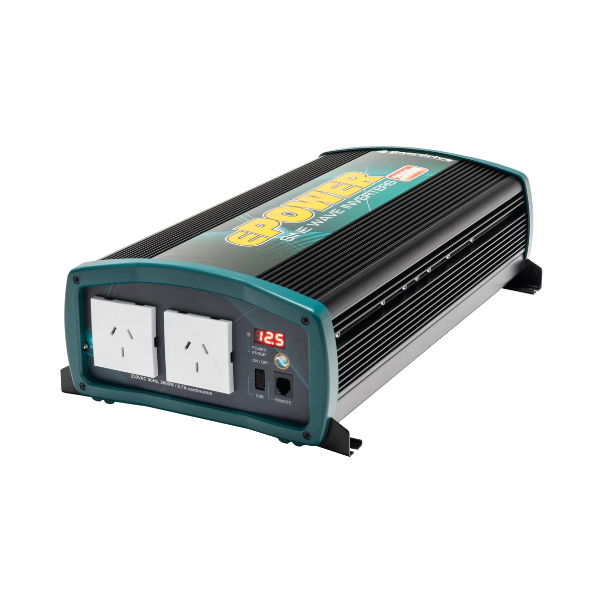 Enerdrive 2000W 12V ePOWER inverter in a front right view with twin AC sockets and a digital display.