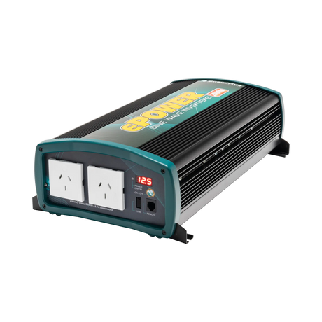 Enerdrive 2000W 12V ePOWER inverter in a front right view with twin AC sockets and a digital display.