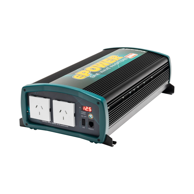 Enerdrive 2000W 12V ePOWER inverter in a front right view with twin AC sockets and a digital display.