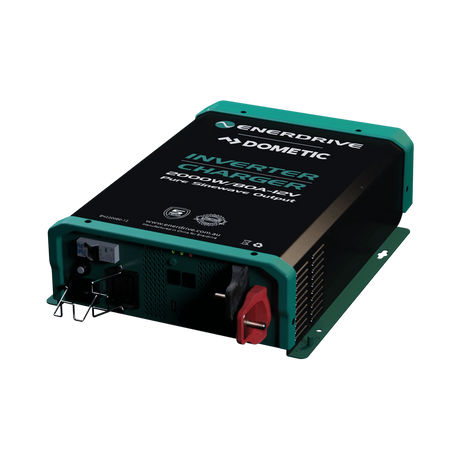 Enerdrive 2000W/80A 12V inverter charger front right view with sockets and red terminal visible.