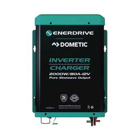 Enerdrive 2000W/80A 12V inverter charger straight top view with black face and green housing.