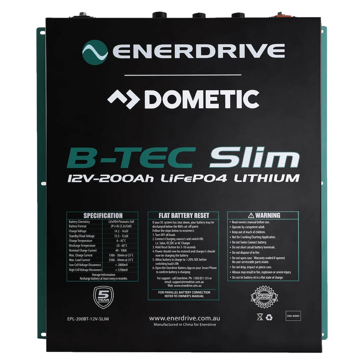 Enerdrive 200AH B-TEC Slim lithium battery front label view showing text.