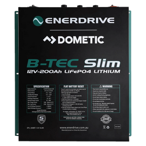 Enerdrive 200AH B-TEC Slim lithium battery front label view showing text.