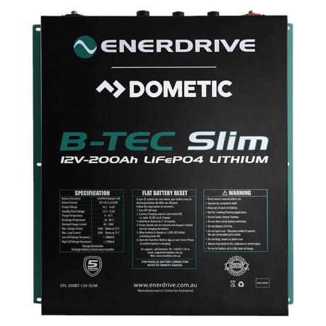 Enerdrive 200AH B-TEC Slim lithium battery front label view showing text.