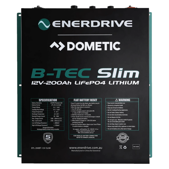 Enerdrive 200AH B-TEC Slim lithium battery front label view showing text.