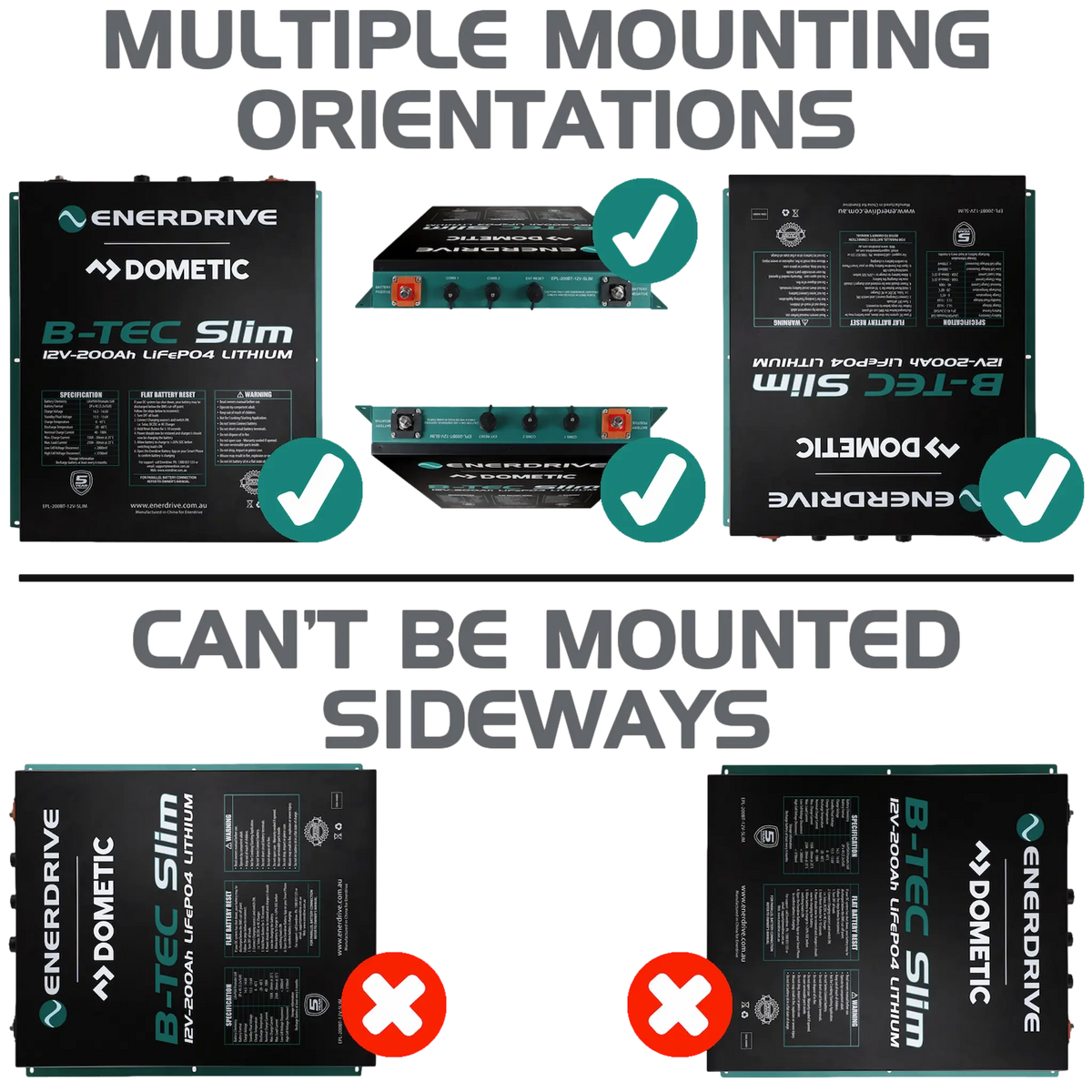 Enerdrive 200AH B-TEC Slim lithium battery mounting orientation diagram with upside down warning.