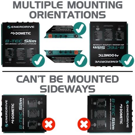 Enerdrive 200AH B-TEC Slim lithium battery mounting orientation diagram with upside down warning.