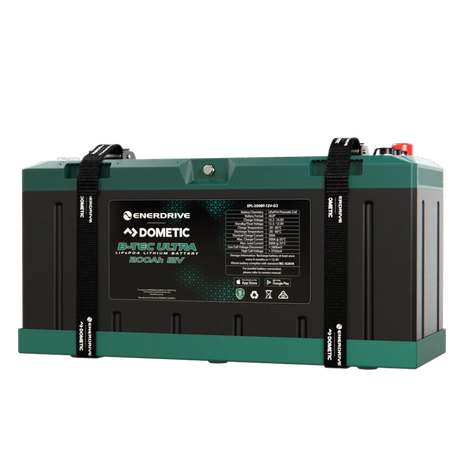 Enerdrive 200Ah 12V B-TEC ULTRA G3 lithium battery front right view with two straps and a green mounting tray.
