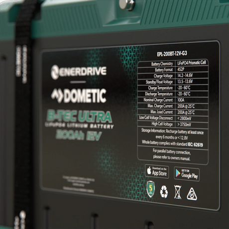 Enerdrive 200Ah 12V B-TEC ULTRA G3 lithium battery specifications label with voltage, current and temperature limits.