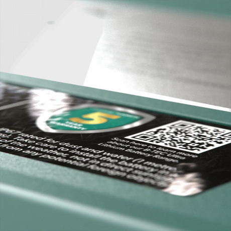 Enerdrive 200Ah 12V B-TEC ULTRA G3 lithium battery top label close up with a QR code and five year warranty badge.