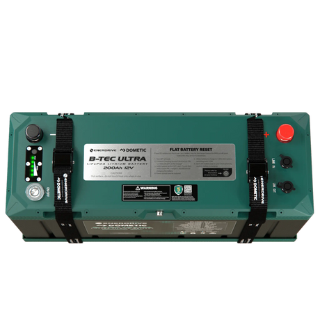 Enerdrive 200Ah 12V B-TEC ULTRA G3 lithium battery top view with positive and negative terminals and a charge indicator.