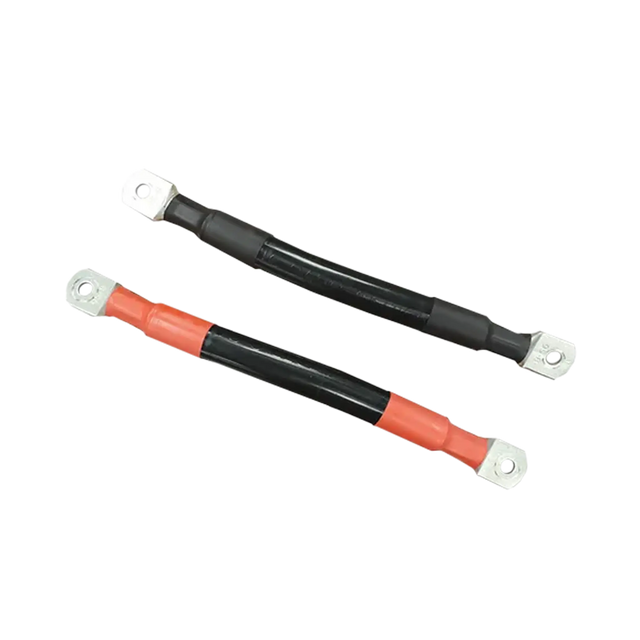 Enerdrive 200Ah parallel battery cable kit with positive and negative leads and ring terminals terminated on them.