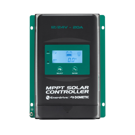Enerdrive 20A 12/24V MPPT solar controller front view with an illuminated screen and two buttons below it.