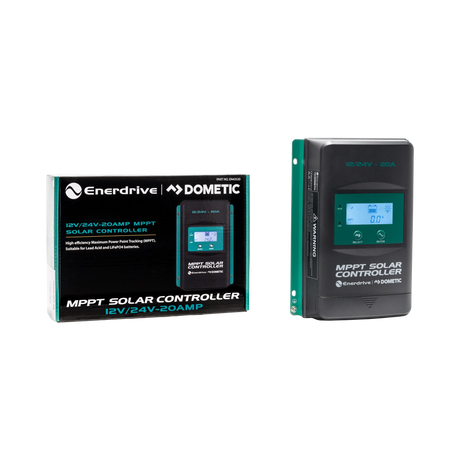 Enerdrive 20A 12/24V MPPT solar controller in an angled view beside its labelled retail box.