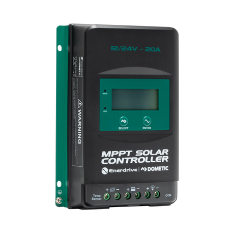 Enerdrive 20A 12/24V MPPT solar controller with its terminal cover removed and the display unlit.