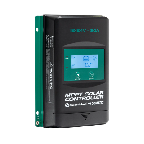 Enerdrive 20A 12/24V MPPT solar controller front left view with an illuminated display and green mounting plate.