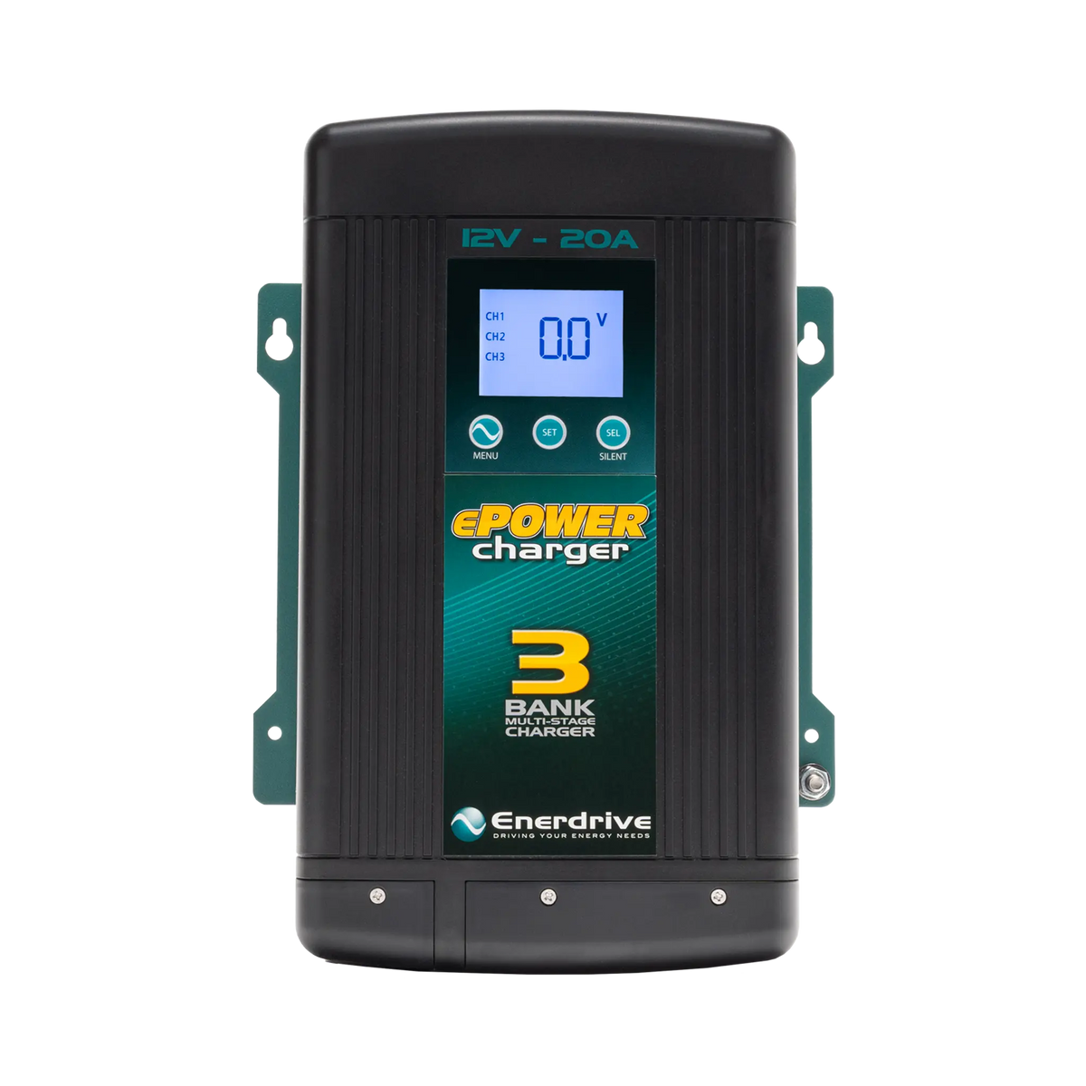 Enerdrive 20A 12V ePOWER battery charger front view with a backlit display and three control buttons.