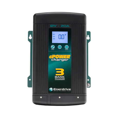 Enerdrive 20A 12V ePOWER battery charger front view with a backlit display and three control buttons.