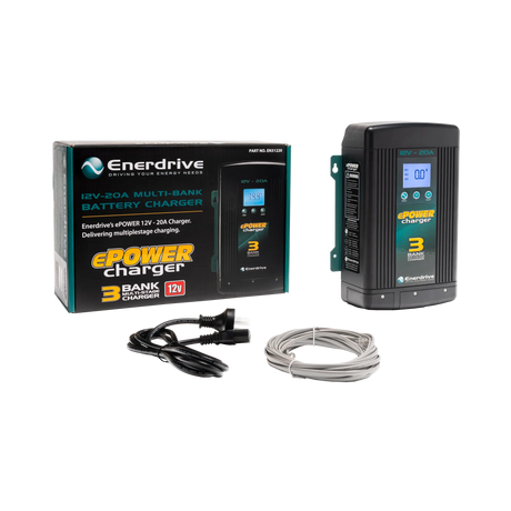 Enerdrive 20A 12V ePOWER battery charger beside its box, black power cord and coiled grey cable.