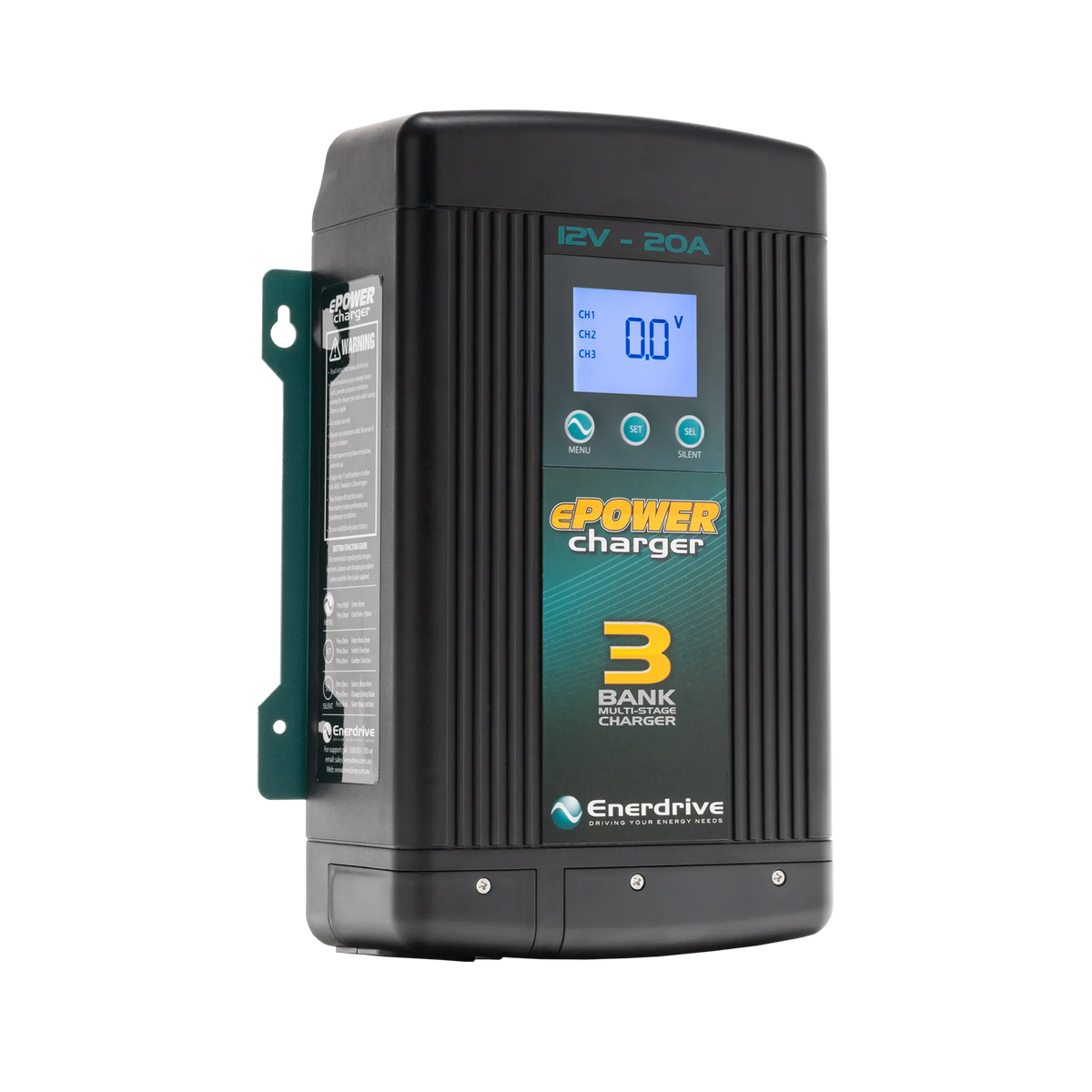 Enerdrive 20A 12V ePOWER battery charger in a front left view with its side label and digital display visible.