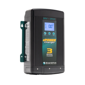 Enerdrive 20A 12V ePOWER battery charger in a front left view with its side label and digital display visible.