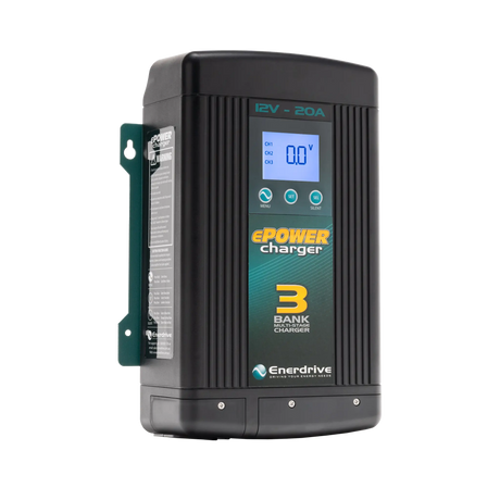 Enerdrive 20A 12V ePOWER battery charger in a front left view with its side label and digital display visible.