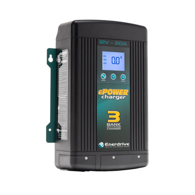 Enerdrive 20A 12V ePOWER battery charger in a front left view with its side label and digital display visible.