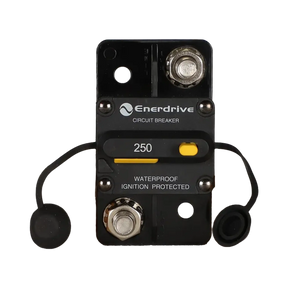 Enerdrive 250A surface mount circuit breaker front view with two 3/8 studs, yellow controls and tethered caps.