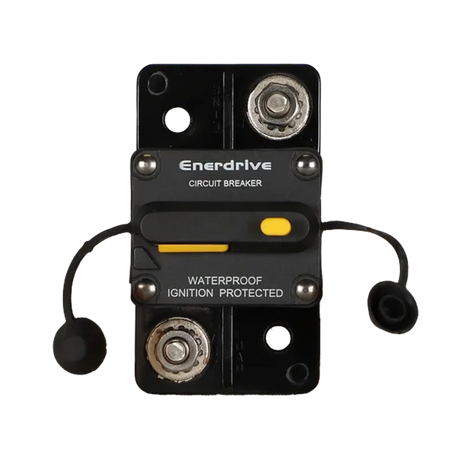 Enerdrive 25A surface mount circuit breaker front view with two 5/16 studs and tethered black caps.