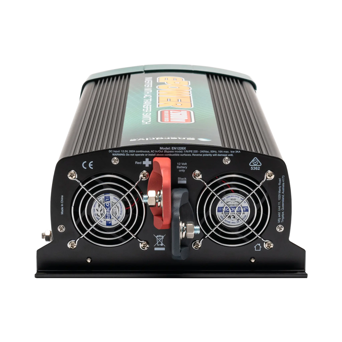 Enerdrive 2600W ePOWER inverter rear view with twin cooling fans and positive and negative battery terminals.