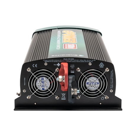 Enerdrive 2600W ePOWER inverter rear view with twin cooling fans and positive and negative battery terminals.
