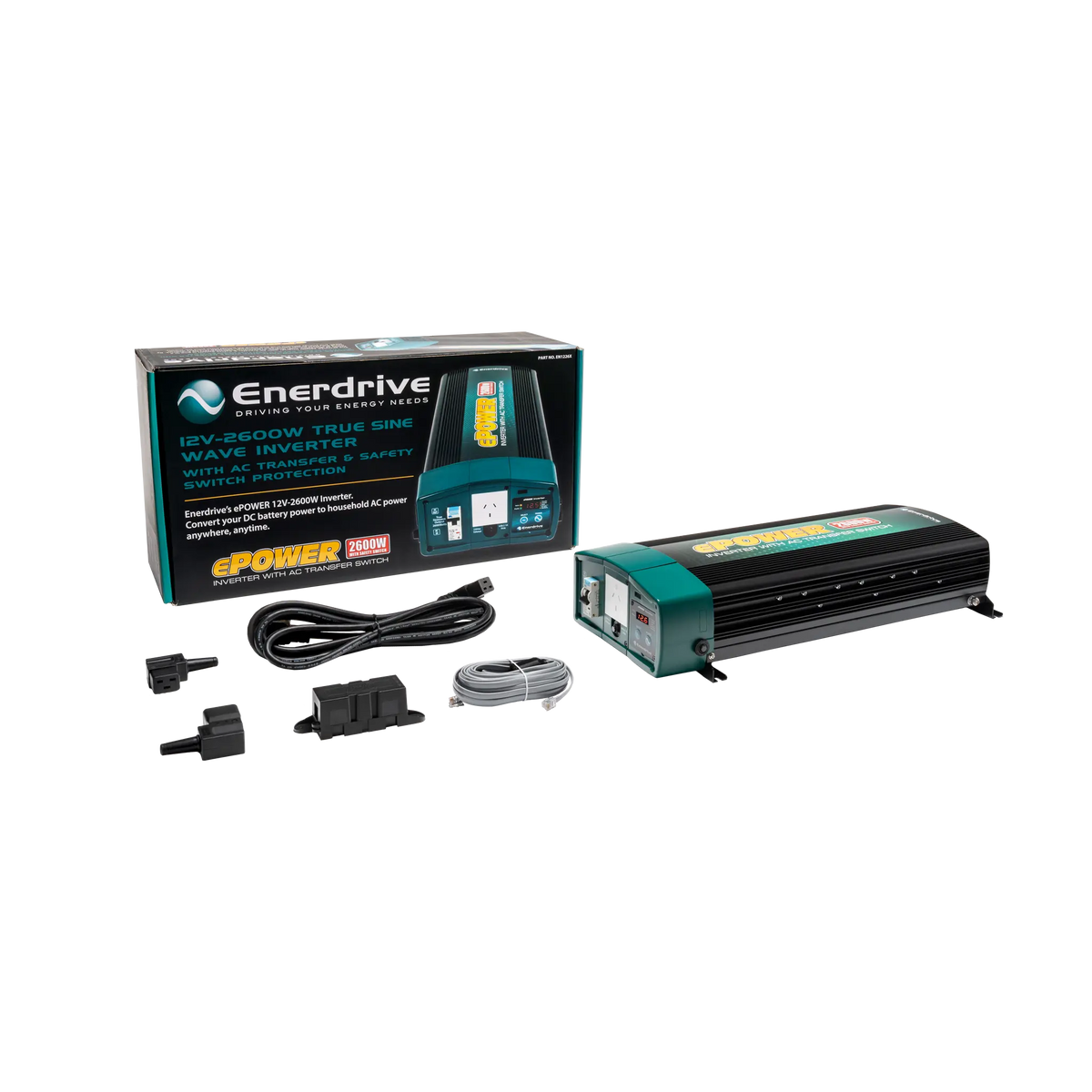 Enerdrive 2600W ePOWER inverter with AC transfer beside its box, power cord, grey cable and plug connectors.