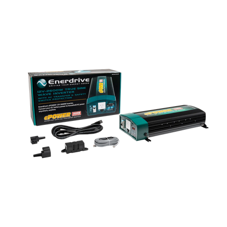 Enerdrive 2600W ePOWER inverter with AC transfer beside its box, power cord, grey cable and plug connectors.