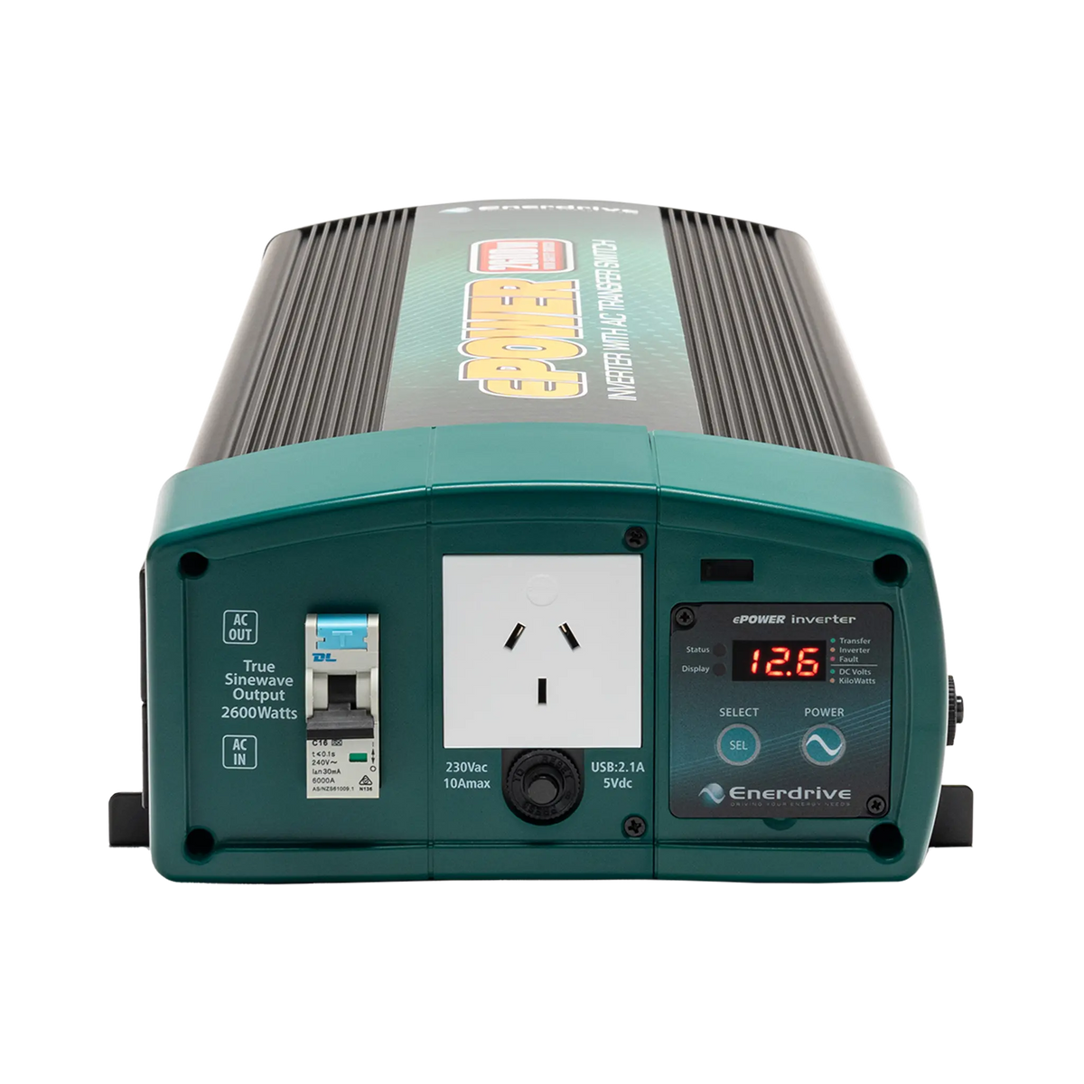 Enerdrive 2600W ePOWER inverter front panel with a safety switch, AC socket, USB port and digital display.