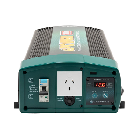 Enerdrive 2600W ePOWER inverter front panel with a safety switch, AC socket, USB port and digital display.
