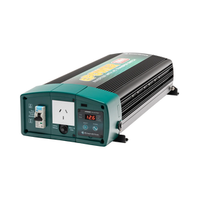 Enerdrive 2600W ePOWER inverter with AC transfer in a front right view, with a socket and safety switch visible.