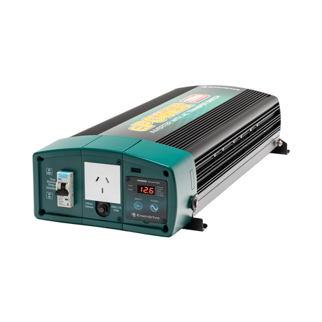 Enerdrive 2600W ePOWER inverter with AC transfer in a front right view, with a socket and safety switch visible.