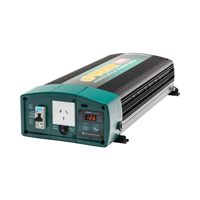 Enerdrive 2600W ePOWER inverter with AC transfer in a front right view, with a socket and safety switch visible.