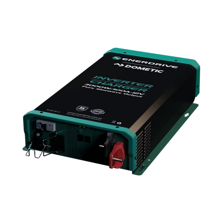 Enerdrive 3000W/100A 12V inverter charger front right view with sockets and red terminal visible.