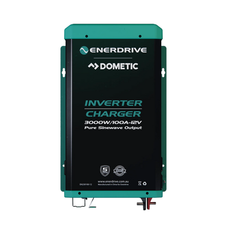 Enerdrive 3000W/100A 12V inverter charger straight top view with black face and green housing.