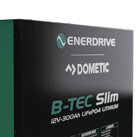 Enerdrive 300Ah 12V B-TEC Slim Metal Case Lithium Battery front corner label detail.