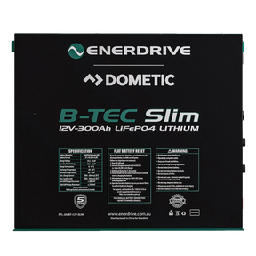 Enerdrive 300Ah 12V B-TEC Slim Metal Case Lithium Battery front label view.