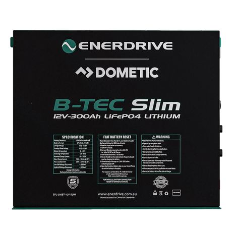 Enerdrive 300Ah 12V B-TEC Slim Metal Case Lithium Battery front label view.