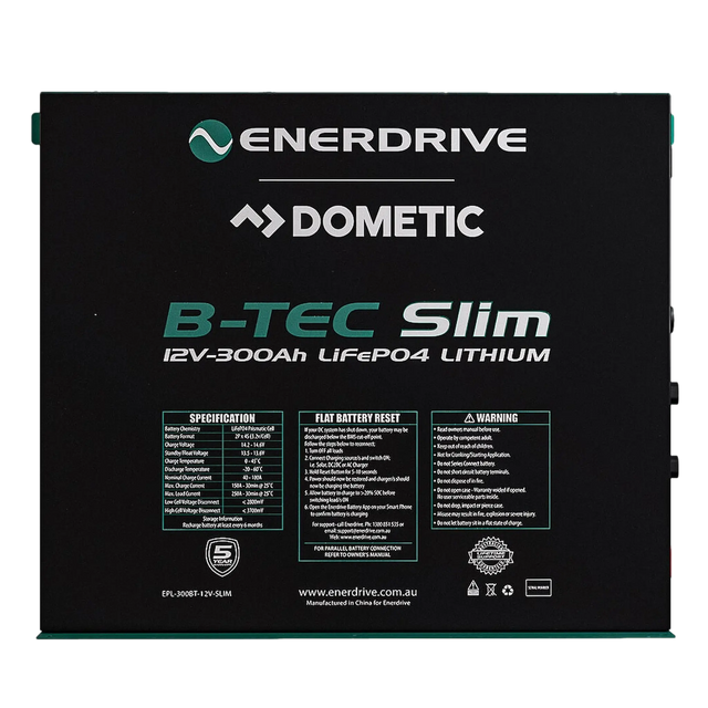 Enerdrive 300Ah 12V B-TEC Slim Metal Case Lithium Battery front label view.