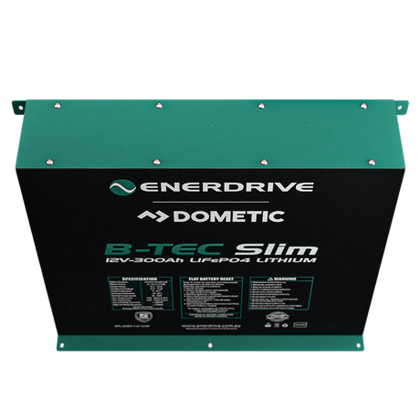 Enerdrive 300Ah 12V B-TEC Slim Metal Case Lithium Battery top/front view with green metal case.