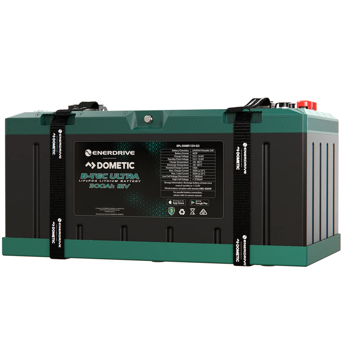 Enerdrive 300Ah 12V B-TEC ULTRA G3 lithium battery front right view with two straps and a specifications label.