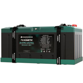 Enerdrive 300Ah 12V B-TEC ULTRA G3 lithium battery front right view with two straps and a specifications label.