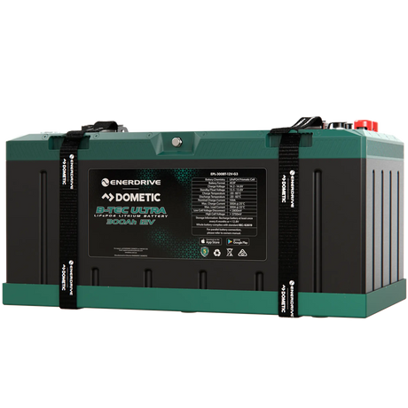 Enerdrive 300Ah 12V B-TEC ULTRA G3 lithium battery front right view with two straps and a specifications label.