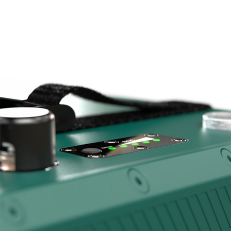 Enerdrive 300Ah 12V B-TEC ULTRA G3 lithium battery charge indicator close up with five green lights.