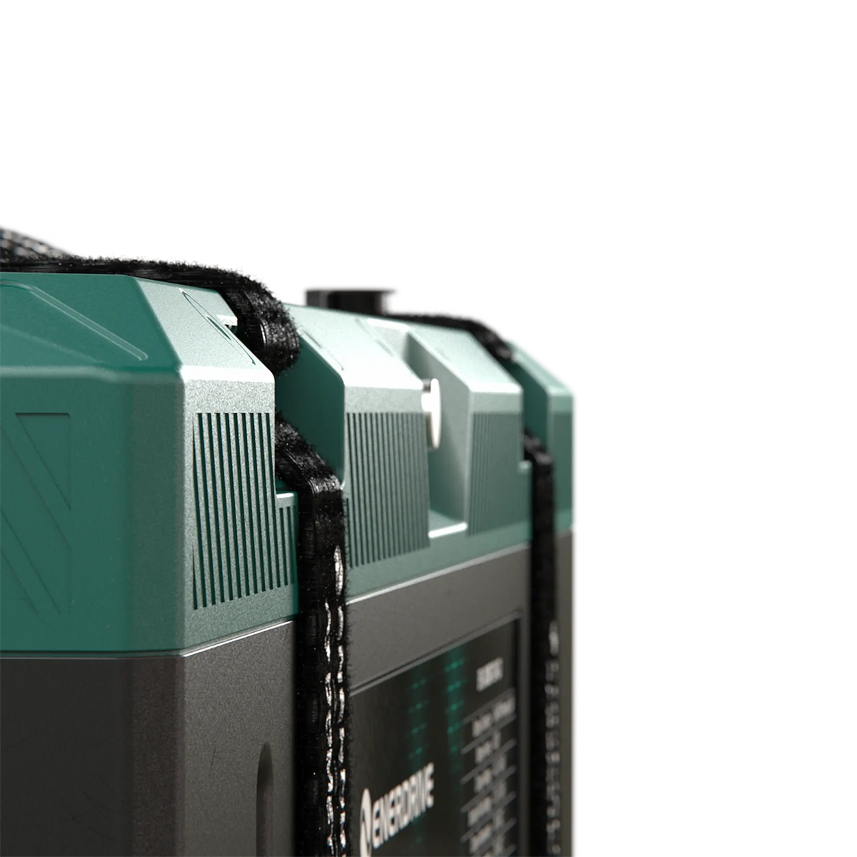 Enerdrive 300Ah 12V B-TEC ULTRA G3 lithium battery side close up of the ribbed green case and securing strap.